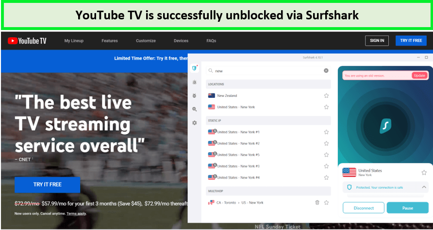 Youtube-tv-unblocked-via-Surfshark-outside-USA