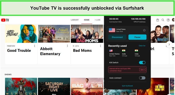 YouTube-TV-is-successfully-unblocked-via-Surfshark-in-UK